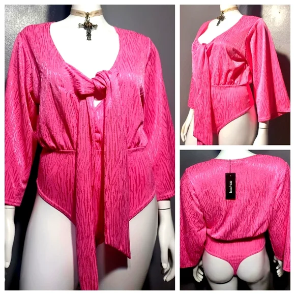 🔥NEW $49 SILKY SEXY PINK Wrap BODYSUIT SIZE 10 - Picture 1 of 12